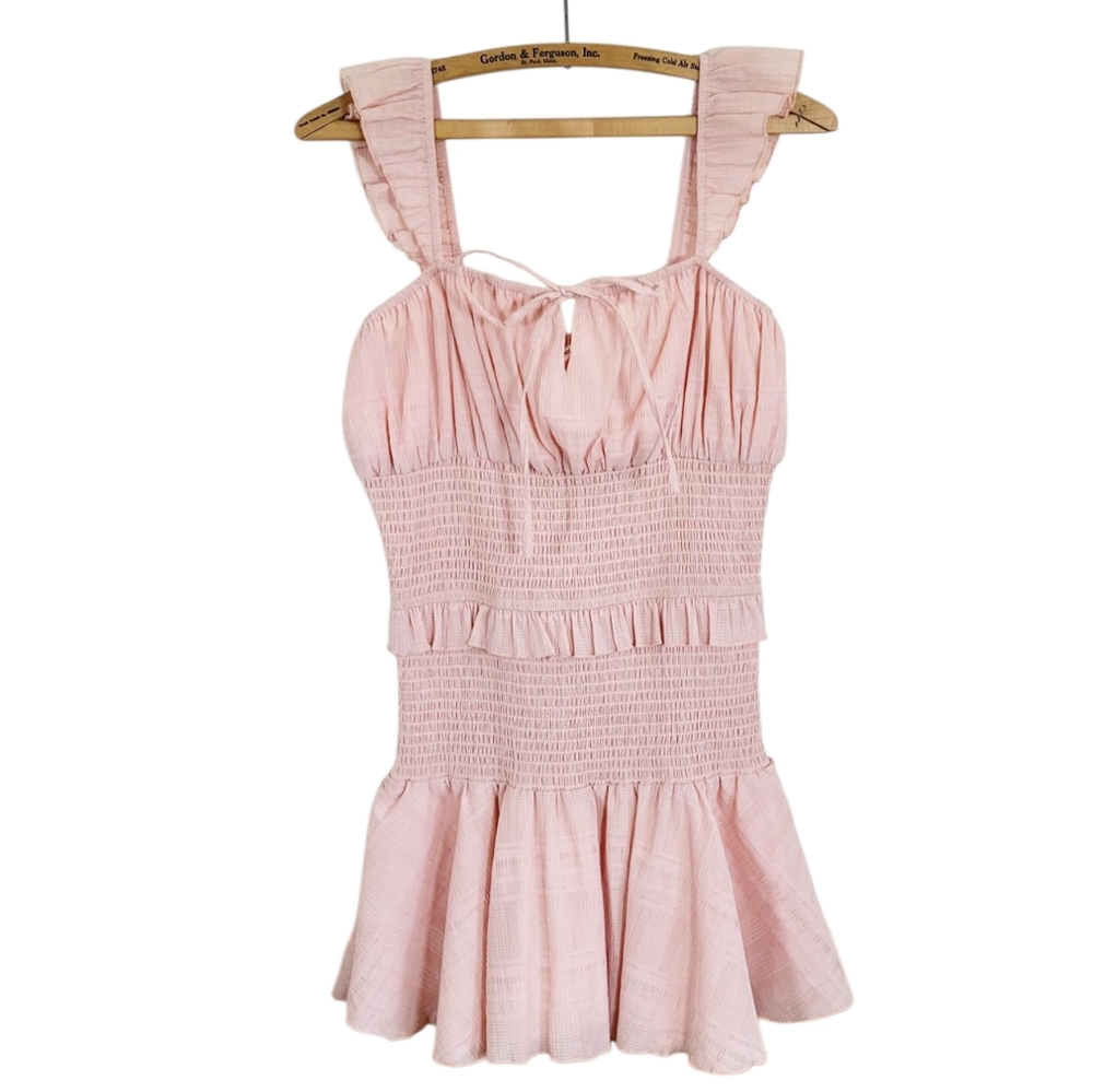 TULAROSA Janine Baby Pink Super Micro Mini Dress Smocked Ruffles M - Picture 3 of 10